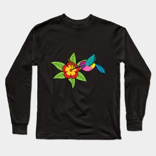 Colorful Hummingbird on Hibiscus Tropical Flower Long Sleeve T-Shirt